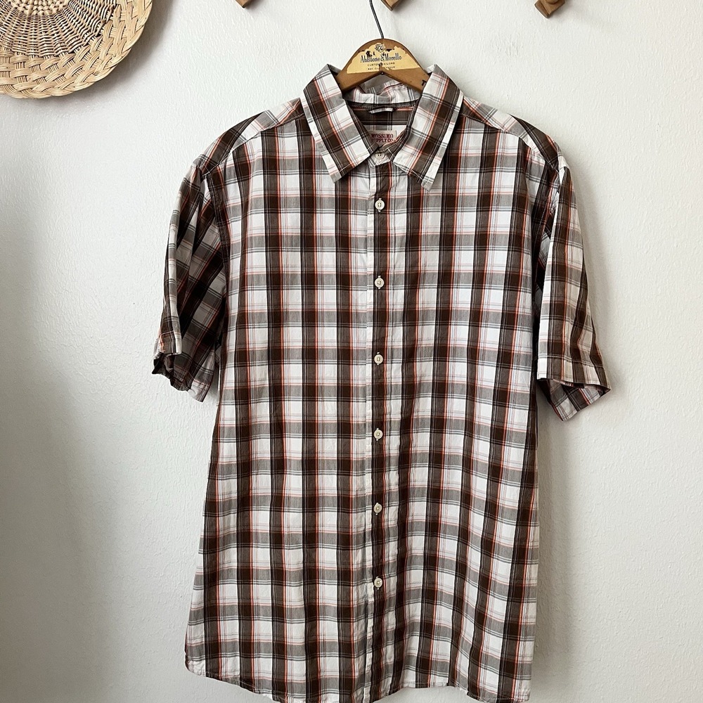 Y2K Mossimo button up brown plaid shirt Mens L Skater Surf short sleeve cotton